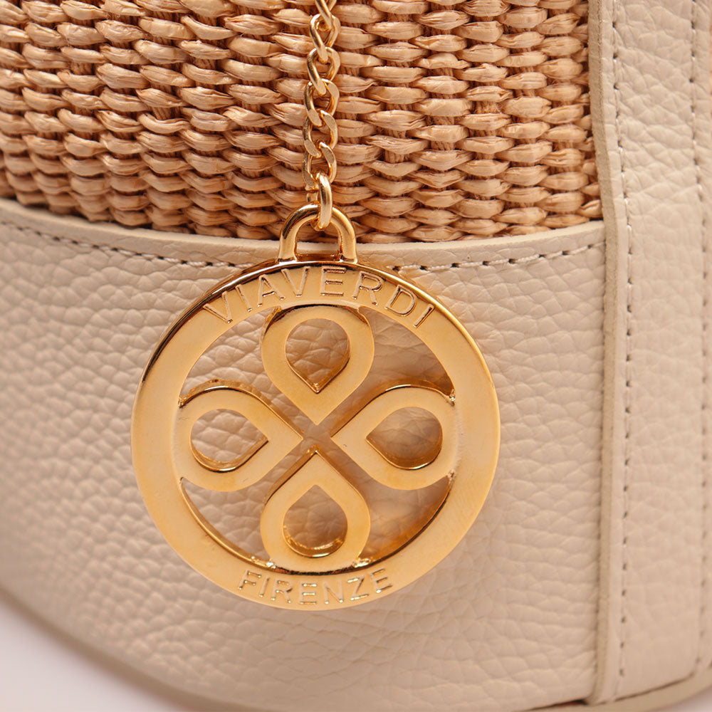 Borsa Donna a Secchiello VIAVERDI in Pelle Avorio e Rafia Made in Italy