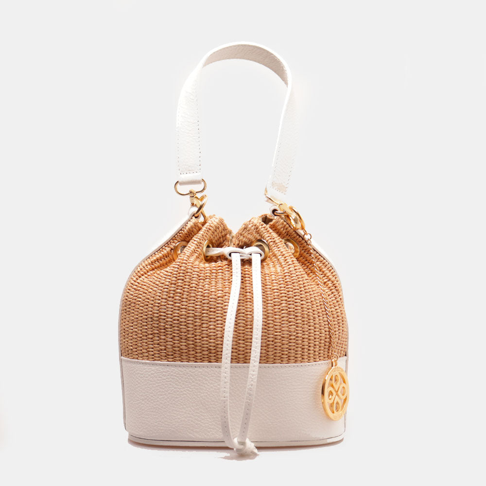 Borsa Donna a Secchiello VIAVERDI in Pelle Bianca e Rafia Made in Italy