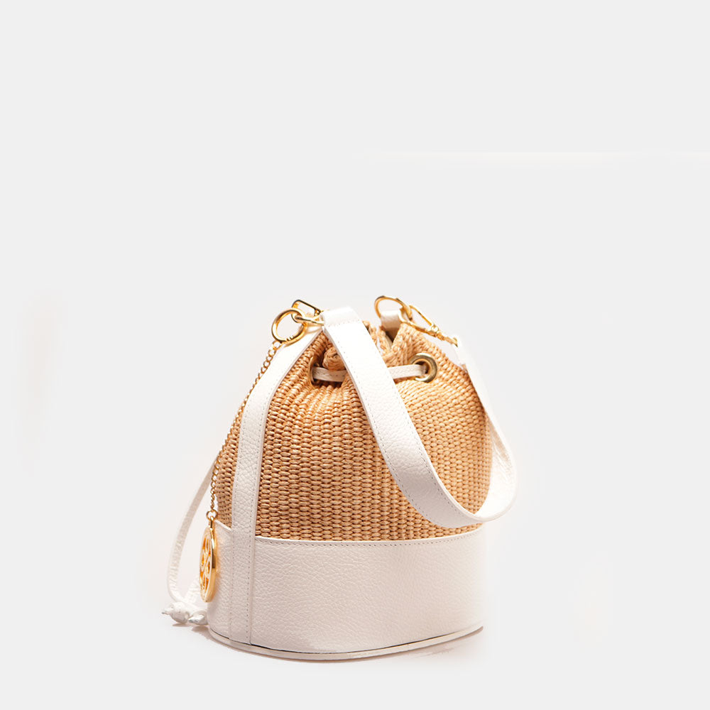 Borsa Donna a Secchiello VIAVERDI in Pelle Bianca e Rafia Made in Italy