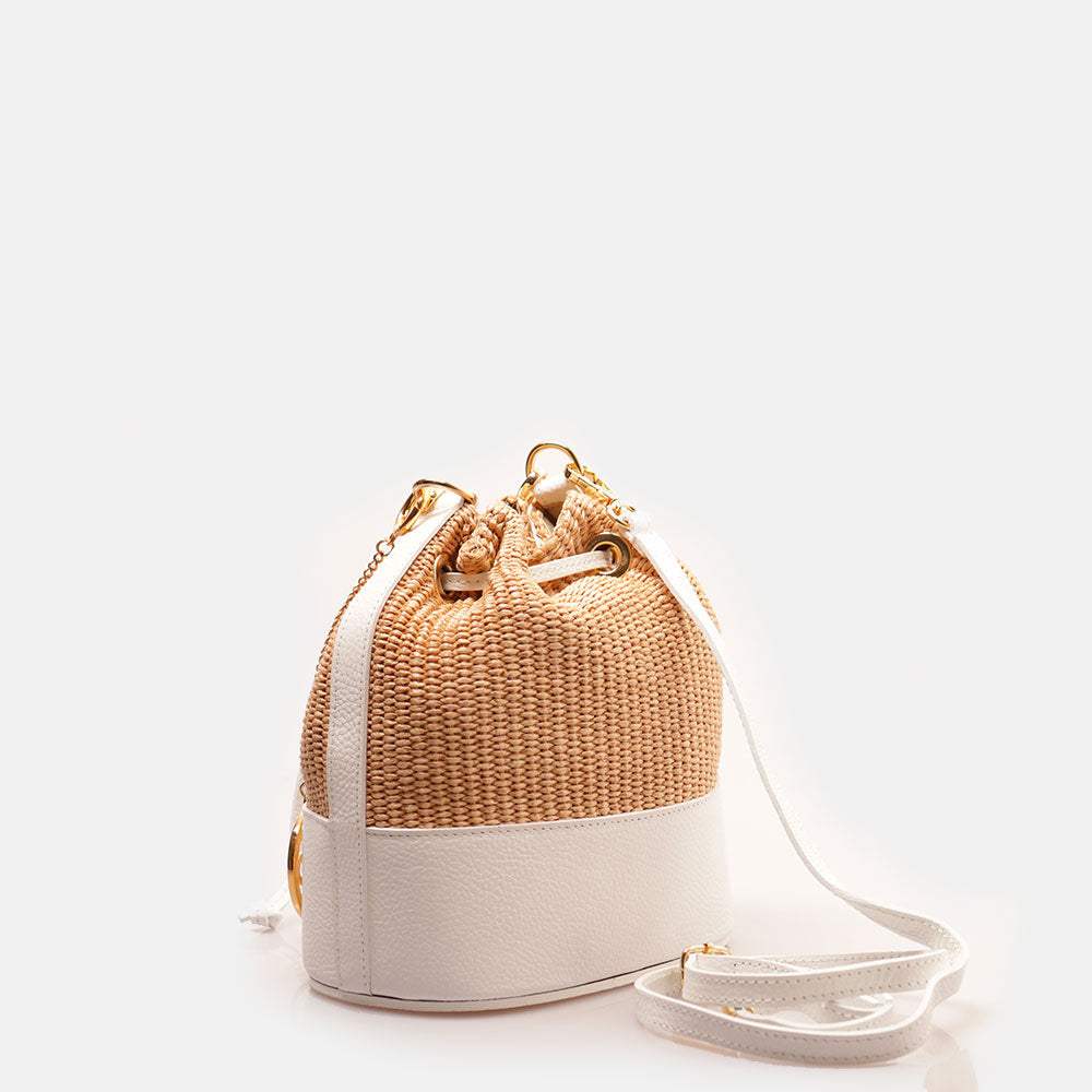Borsa Donna a Secchiello VIAVERDI in Pelle Bianca e Rafia Made in Italy