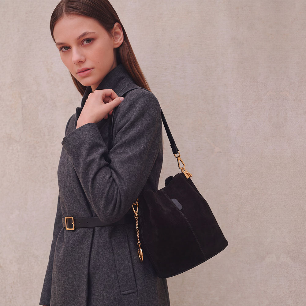 VIAVERDI Bucket Bag with Shoulder Strap in Black Suede Made in Italy, Capalbio Line