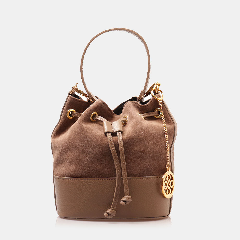 Borsa Donna a Secchiello VIAVERDI in Camoscio e Pelle Taupe Made in Italy linea Cortona