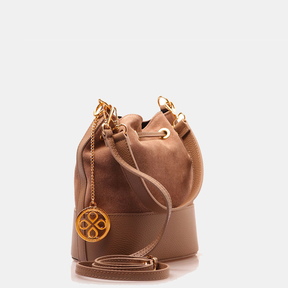 Borsa Donna a Secchiello VIAVERDI in Camoscio e Pelle Taupe Made in Italy linea Cortona