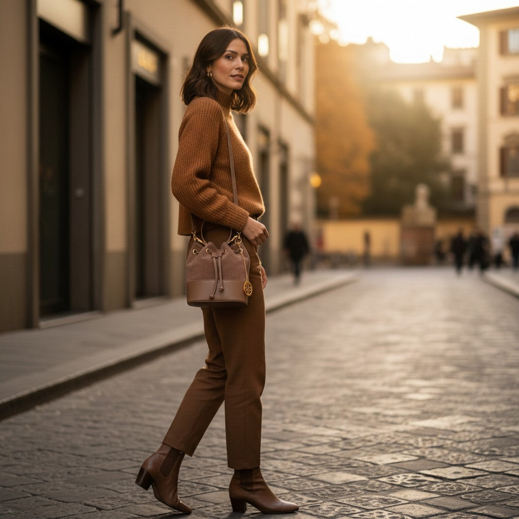 VIAVERDI Women's Bucket Bag in Taupe Suede and Leather, Made in Italy, Cortona Line