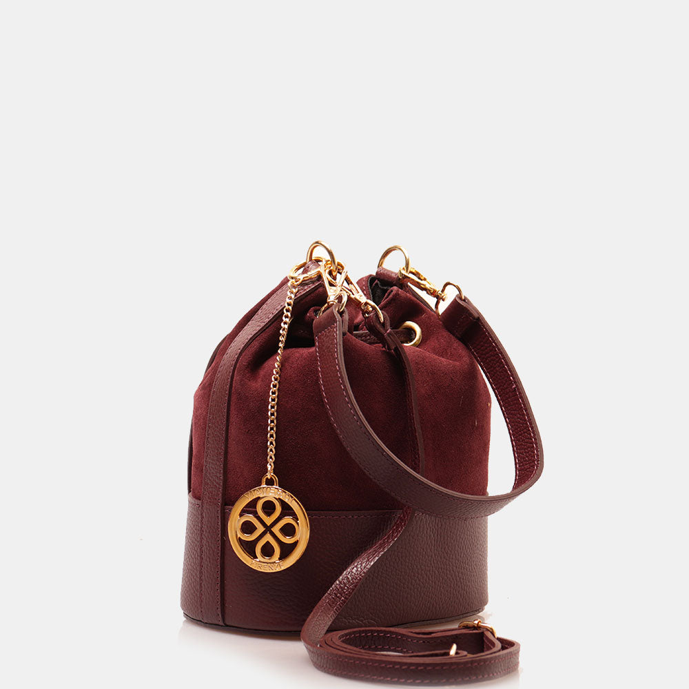 Borsa Donna a Secchiello VIAVERDI in Camoscio e Pelle Bordeaux Made in Italy linea Cortona