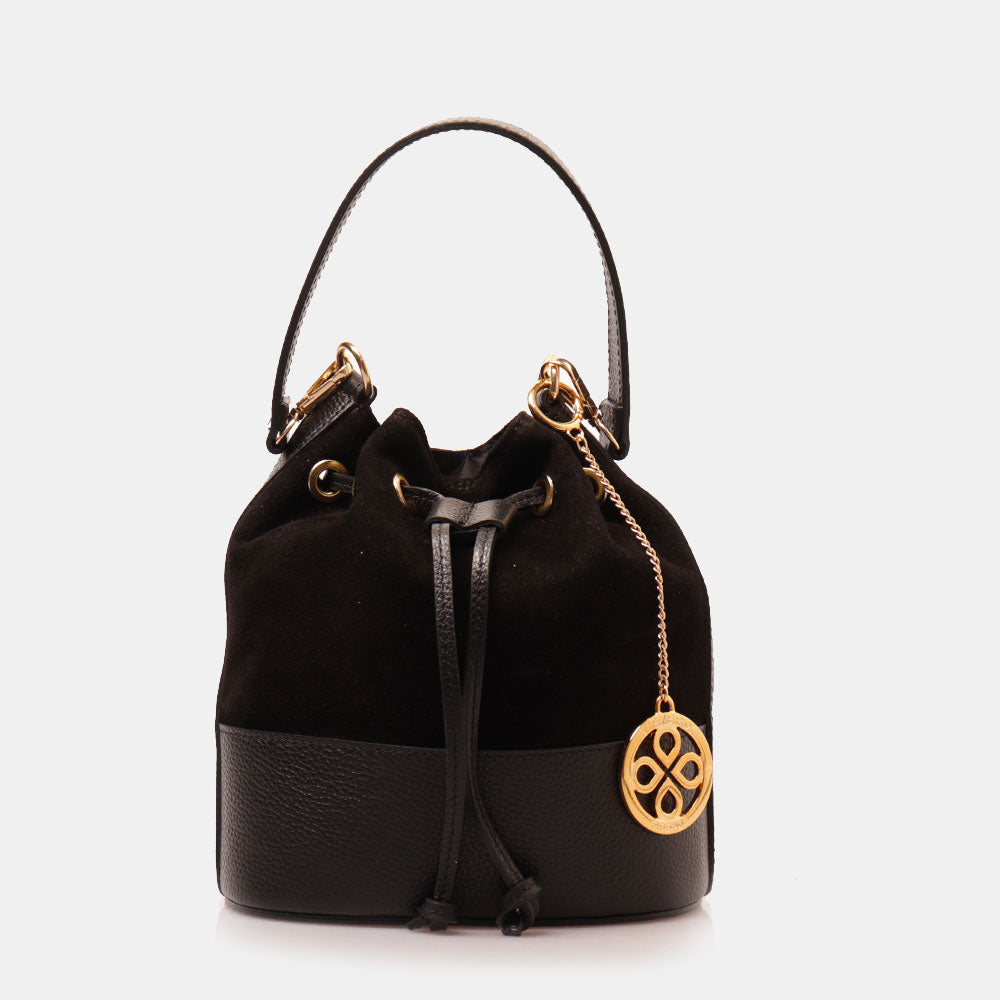 Borsa Donna a Secchiello VIAVERDI in Camoscio e Pelle Nero Made in Italy linea Cortona