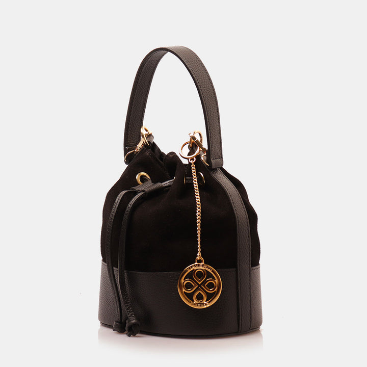 Borsa Donna a Secchiello VIAVERDI in Camoscio e Pelle Nero Made in Italy linea Cortona