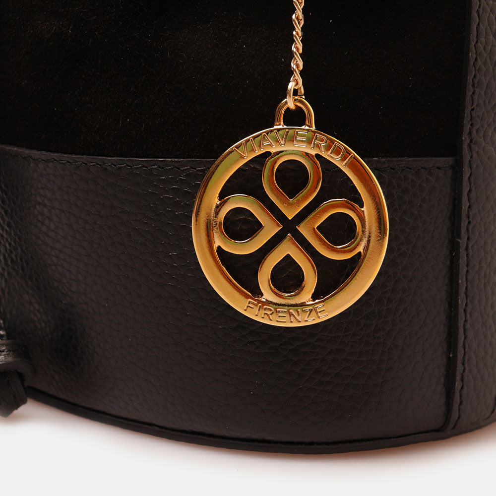 Borsa Donna a Secchiello VIAVERDI in Camoscio e Pelle Nero Made in Italy linea Cortona