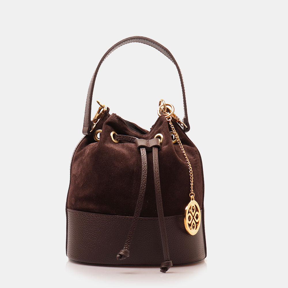 Borsa Donna a Secchiello VIAVERDI in Camoscio e Pelle Testa di Moro Made in Italy linea Cortona