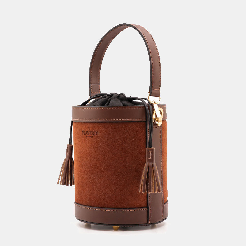 Borsa Secchiello a Mano VIAVERDI in Camoscio e Pelle Testa di Moro Made in Italy linea Pienza