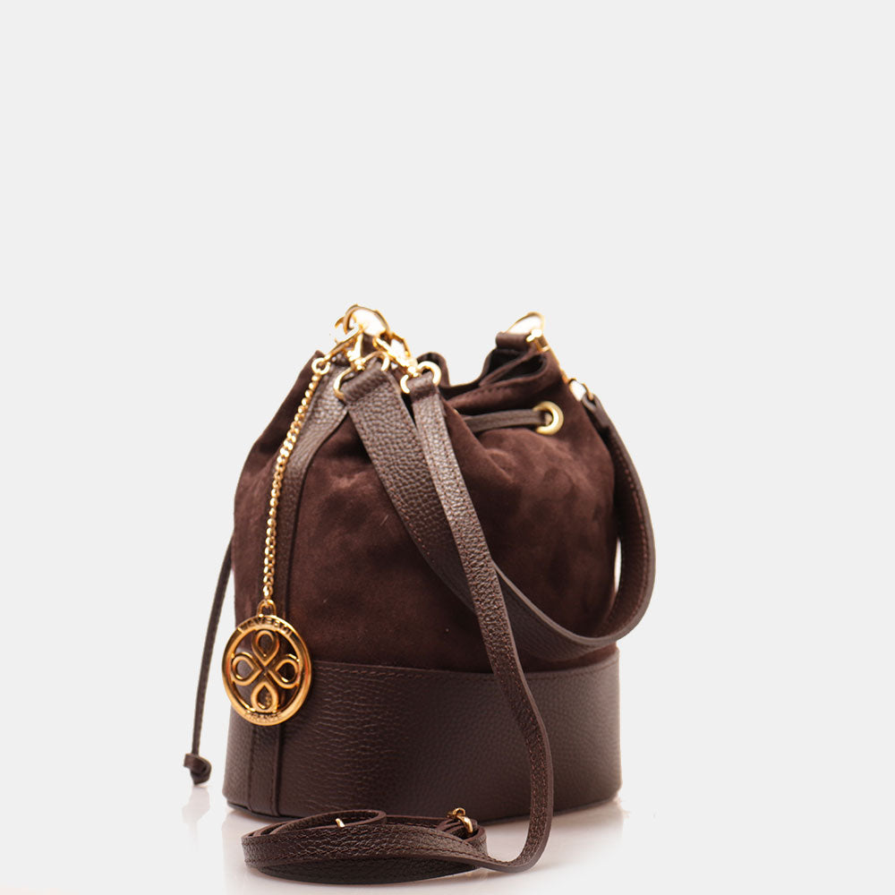 Borsa Donna a Secchiello VIAVERDI in Camoscio e Pelle Testa di Moro Made in Italy linea Cortona