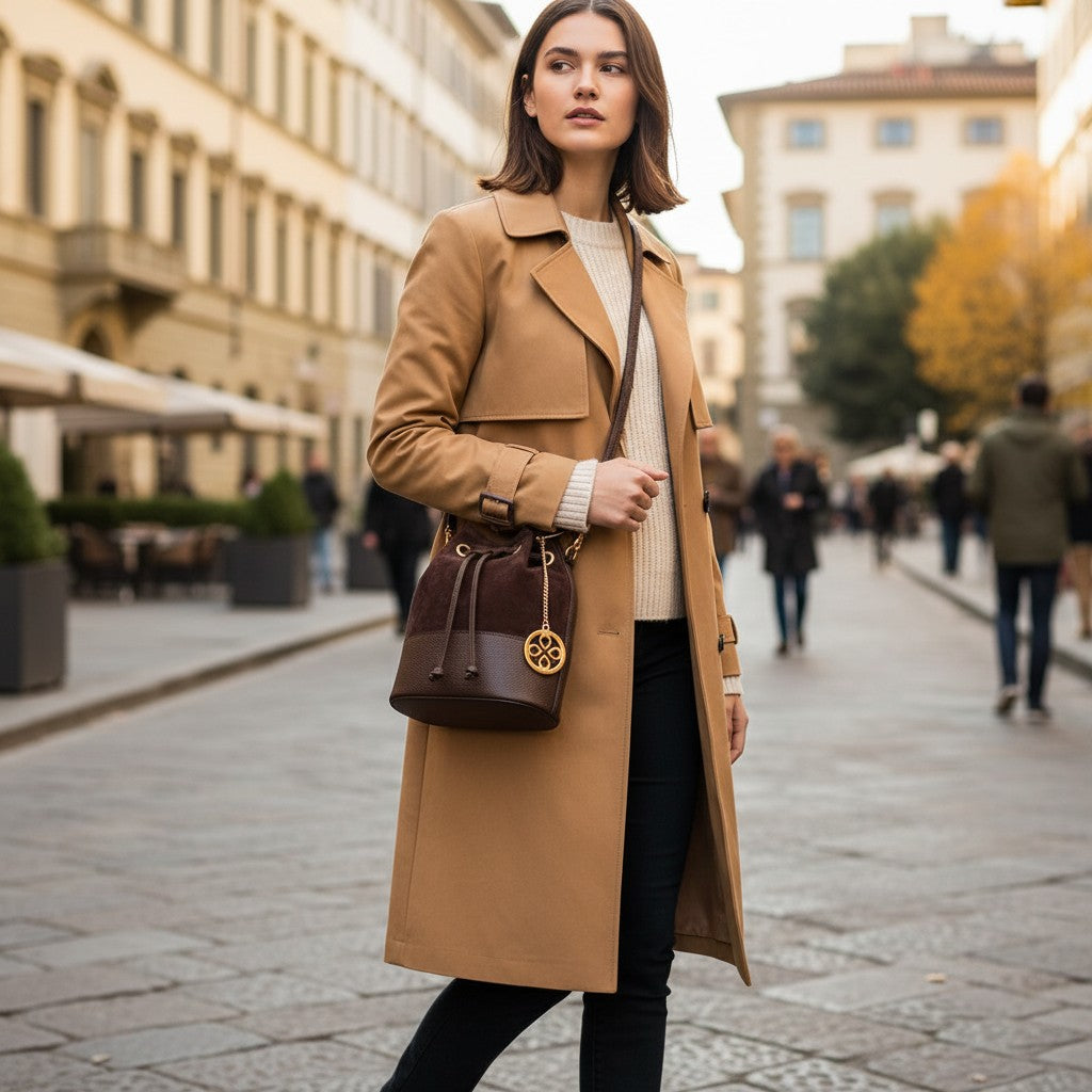 VIAVERDI Women's Bucket Bag in Dark Brown Suede and Leather, Made in Italy, Cortona Line