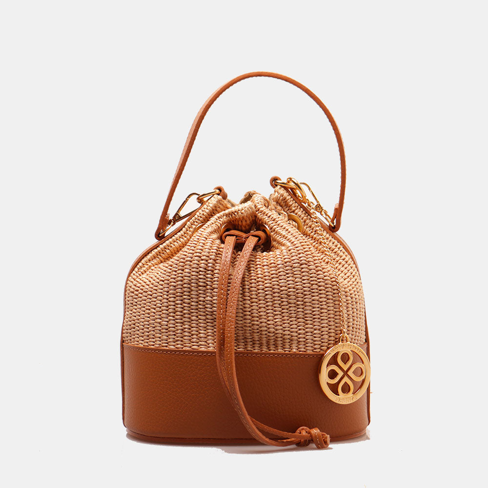 Borsa Donna a Secchiello VIAVERDI in Pelle color Cuoio e Rafia Made in Italy