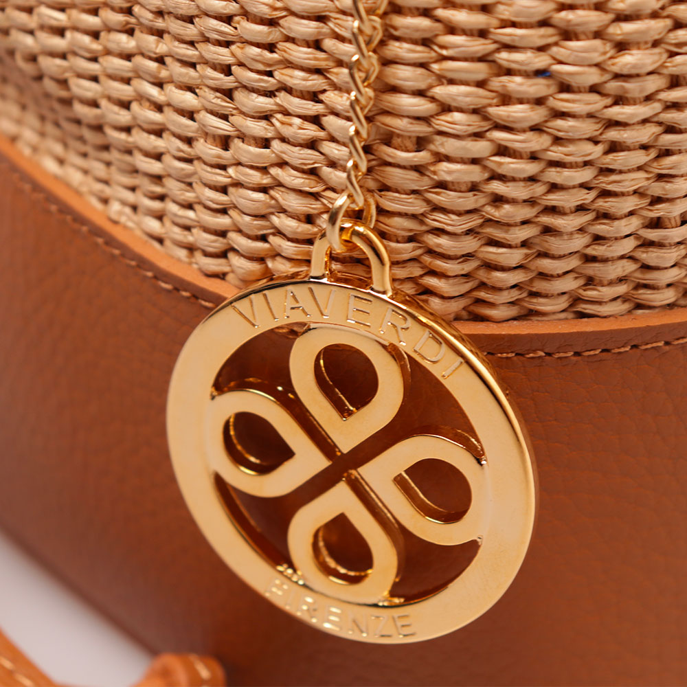 Borsa Donna a Secchiello VIAVERDI in Pelle color Cuoio e Rafia Made in Italy