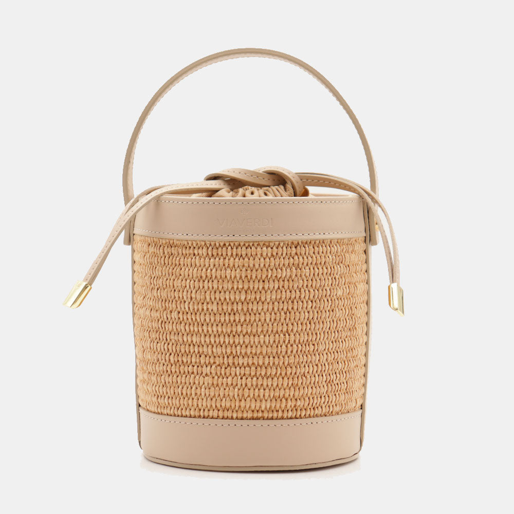 Borsa Secchiello a Mano VIAVERDI in Rafia e Pelle Beige Made in Italy linea Pienza