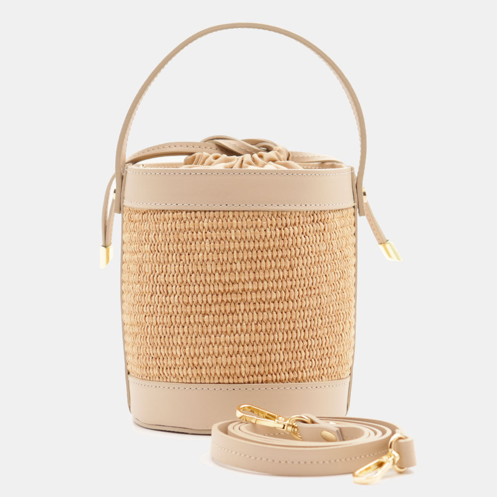 Borsa Secchiello a Mano VIAVERDI in Rafia e Pelle Beige Made in Italy linea Pienza