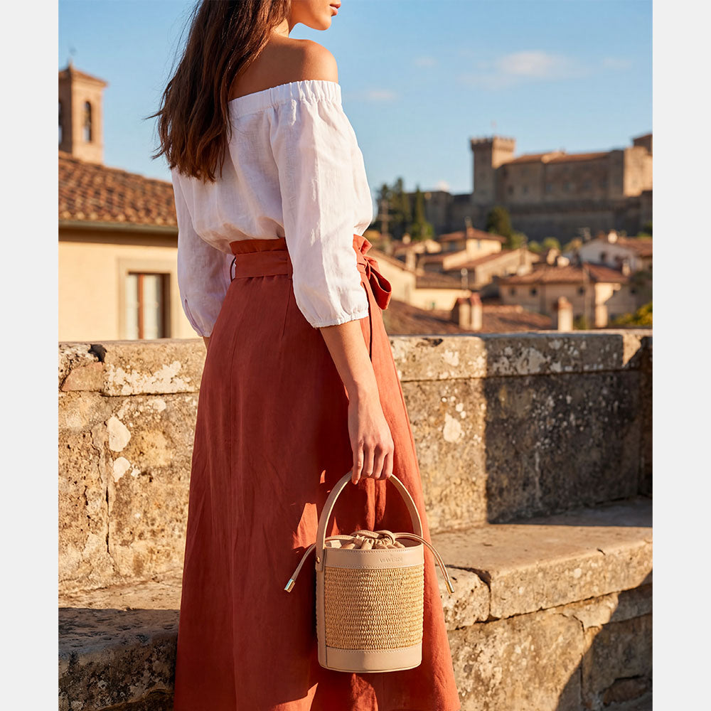 Borsa Secchiello a Mano VIAVERDI in Rafia e Pelle Beige Made in Italy linea Pienza