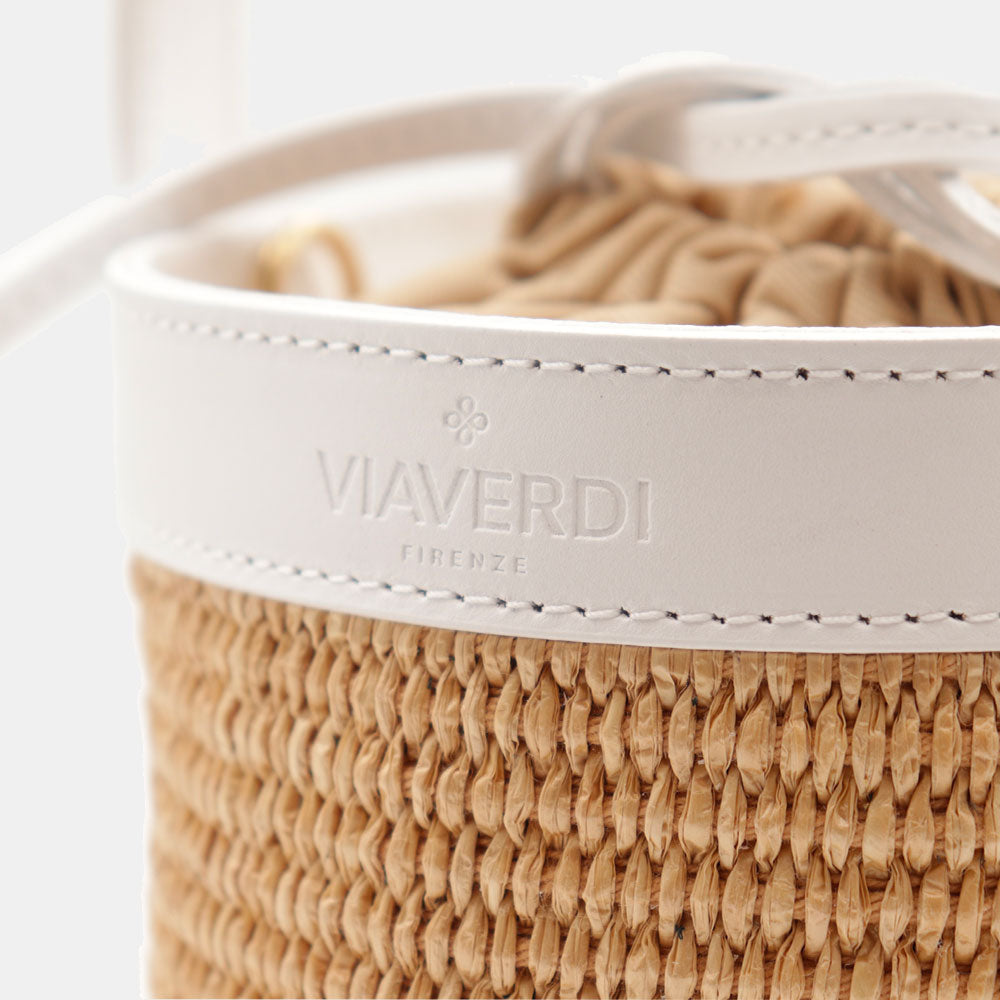 Borsa Secchiello a Mano VIAVERDI in Rafia e Pelle Bianca Made in Italy linea Pienza