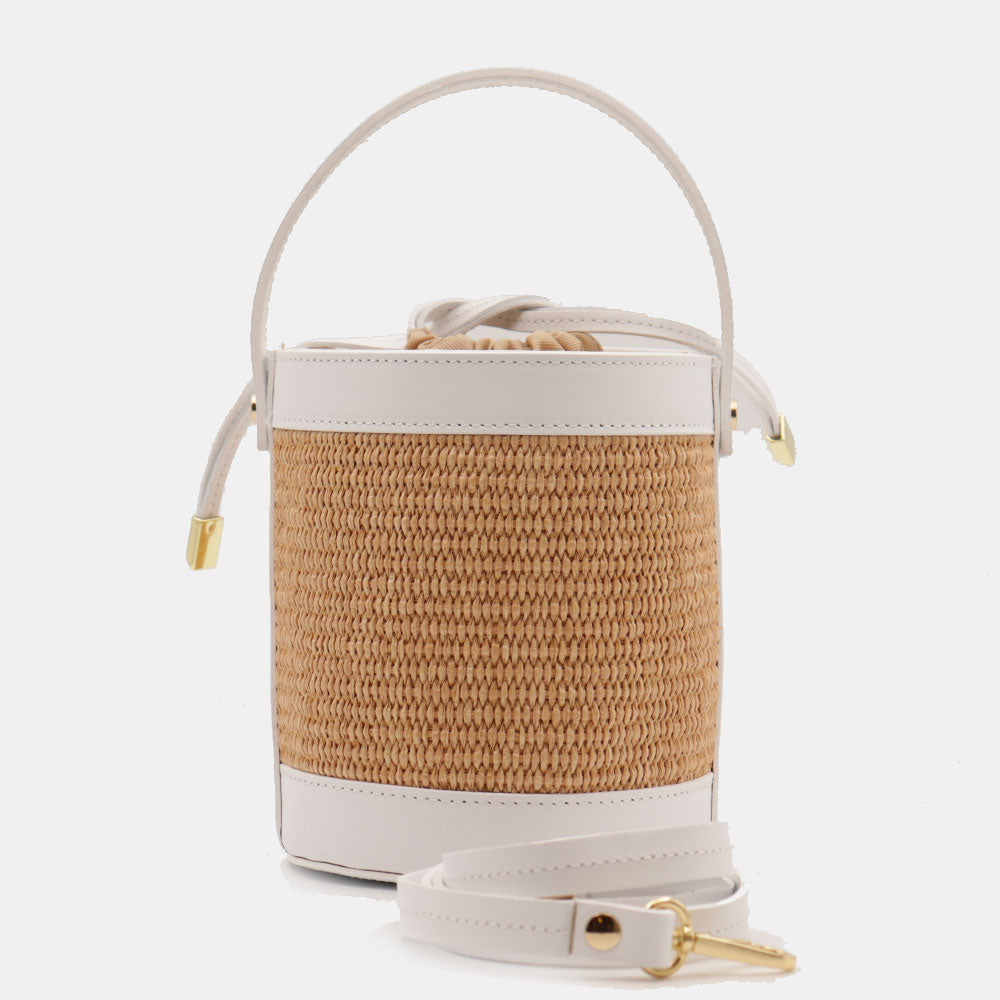 Borsa Secchiello a Mano VIAVERDI in Rafia e Pelle Bianca Made in Italy linea Pienza