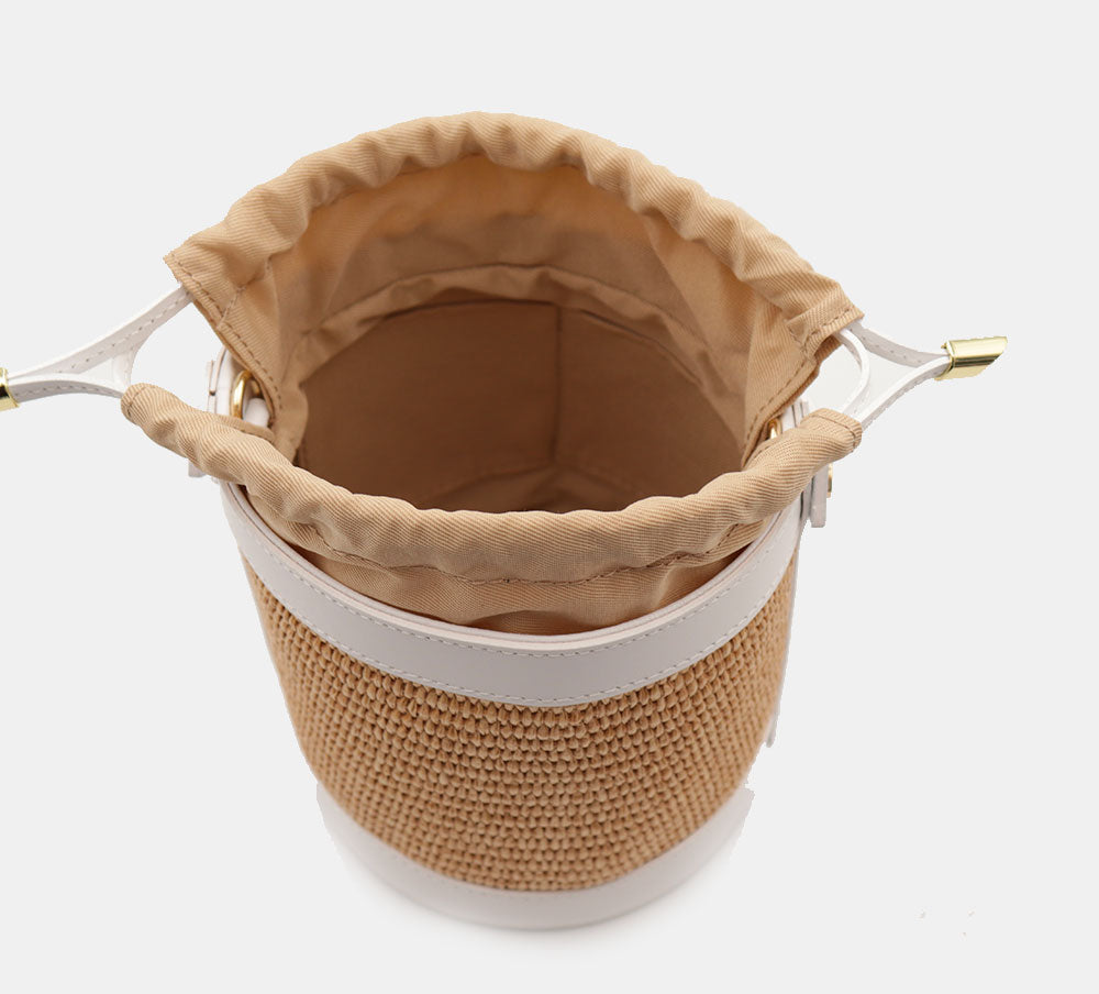 Borsa Secchiello a Mano VIAVERDI in Rafia e Pelle Bianca Made in Italy linea Pienza