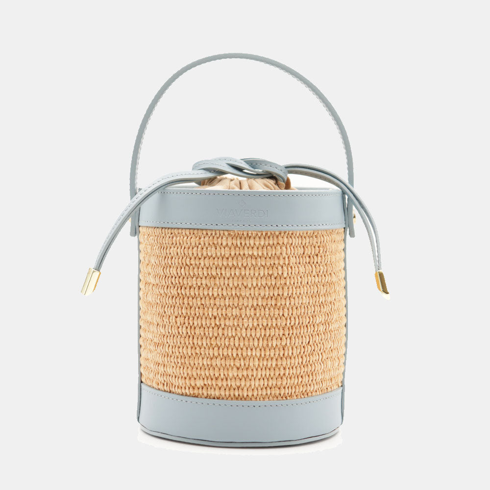 Borsa Secchiello a Mano VIAVERDI in Rafia e Pelle Celeste Made in Italy linea Pienza