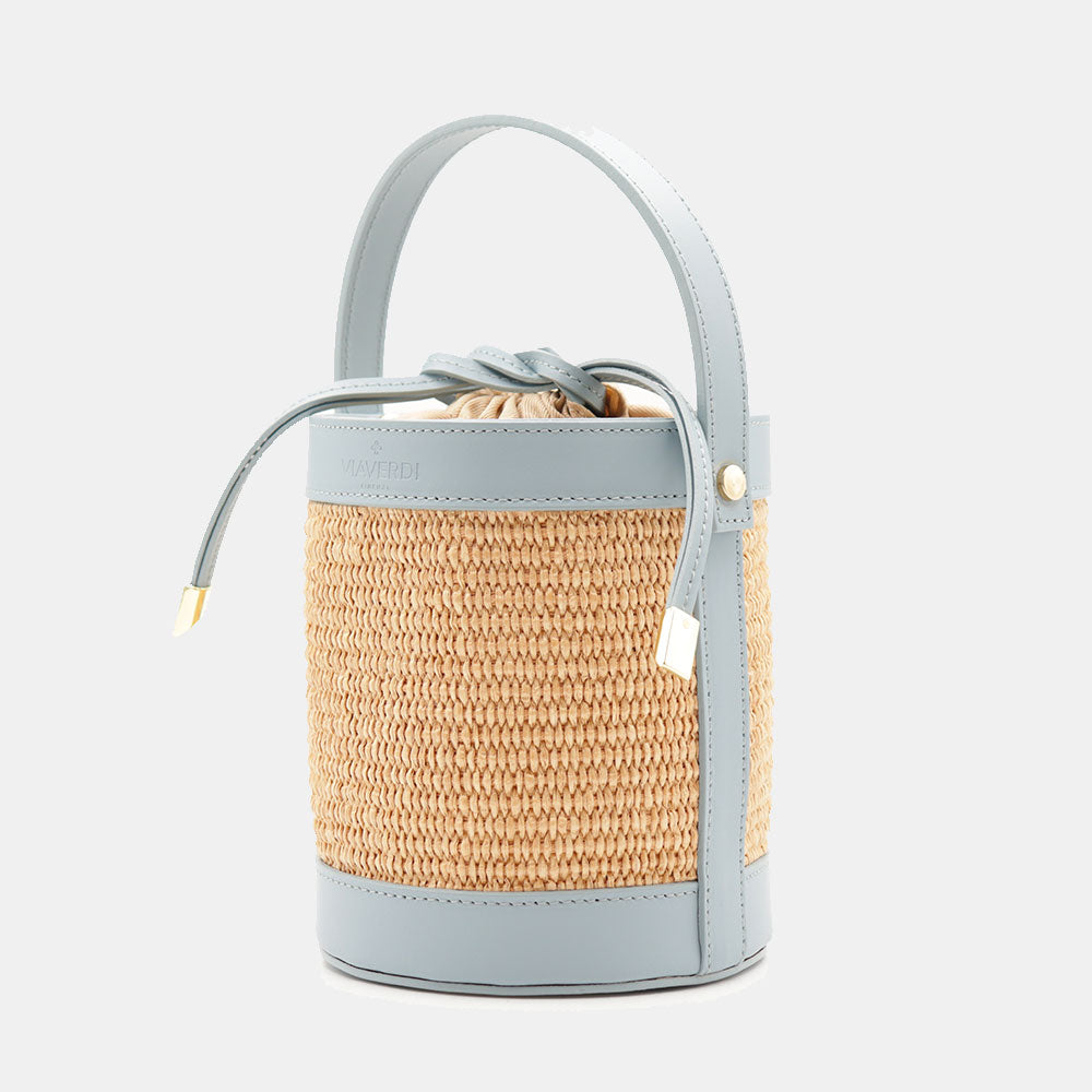 Borsa Secchiello a Mano VIAVERDI in Rafia e Pelle Celeste Made in Italy linea Pienza