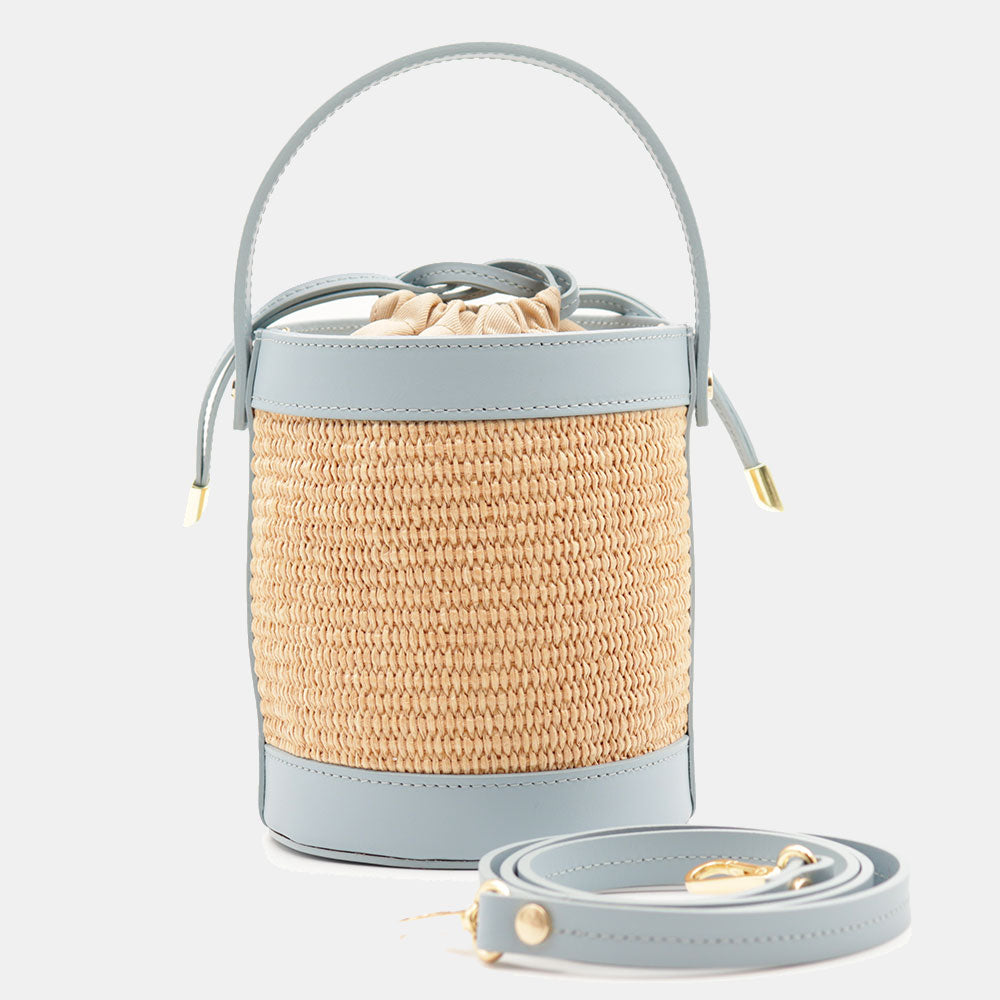 Borsa Secchiello a Mano VIAVERDI in Rafia e Pelle Celeste Made in Italy linea Pienza