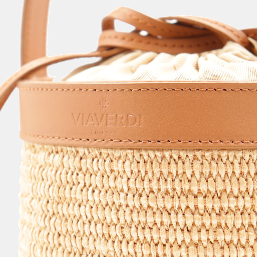Borsa Secchiello a Mano VIAVERDI in Rafia e Pelle color Cuoio Made in Italy linea Pienza