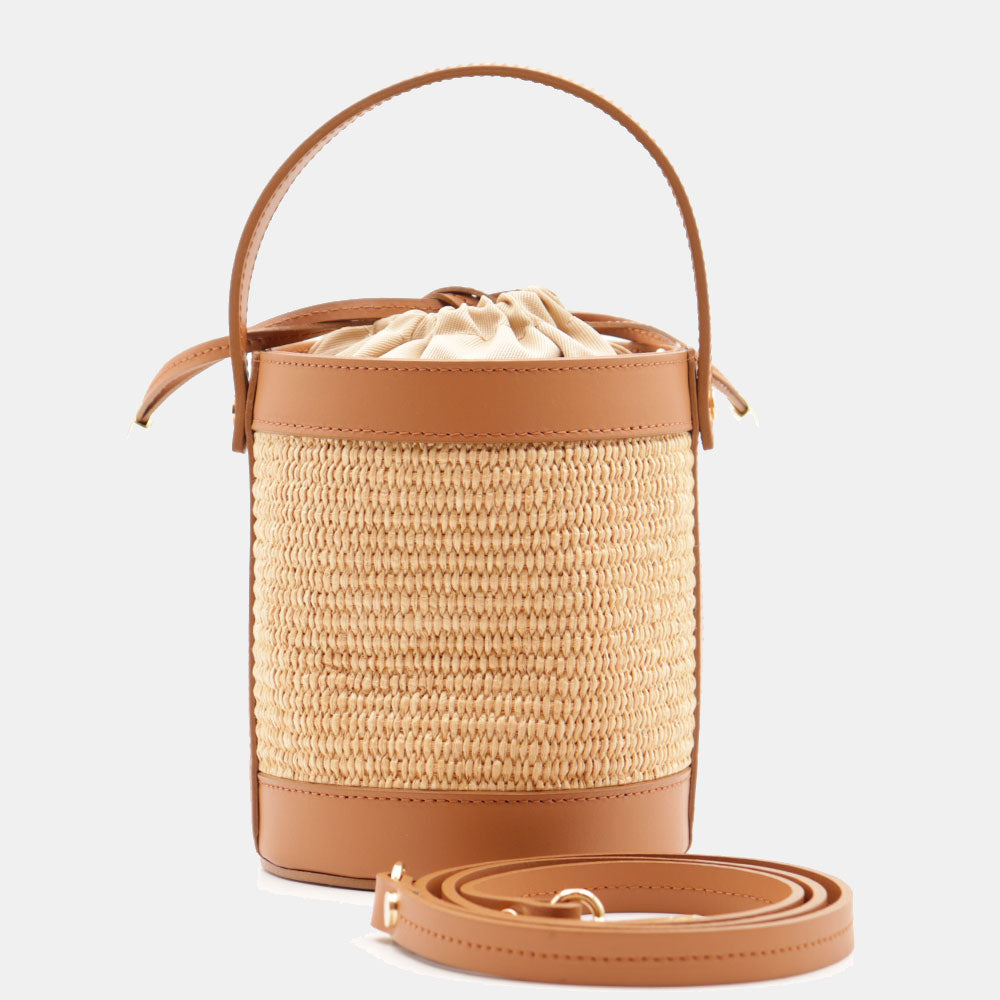 Borsa Secchiello a Mano VIAVERDI in Rafia e Pelle color Cuoio Made in Italy linea Pienza