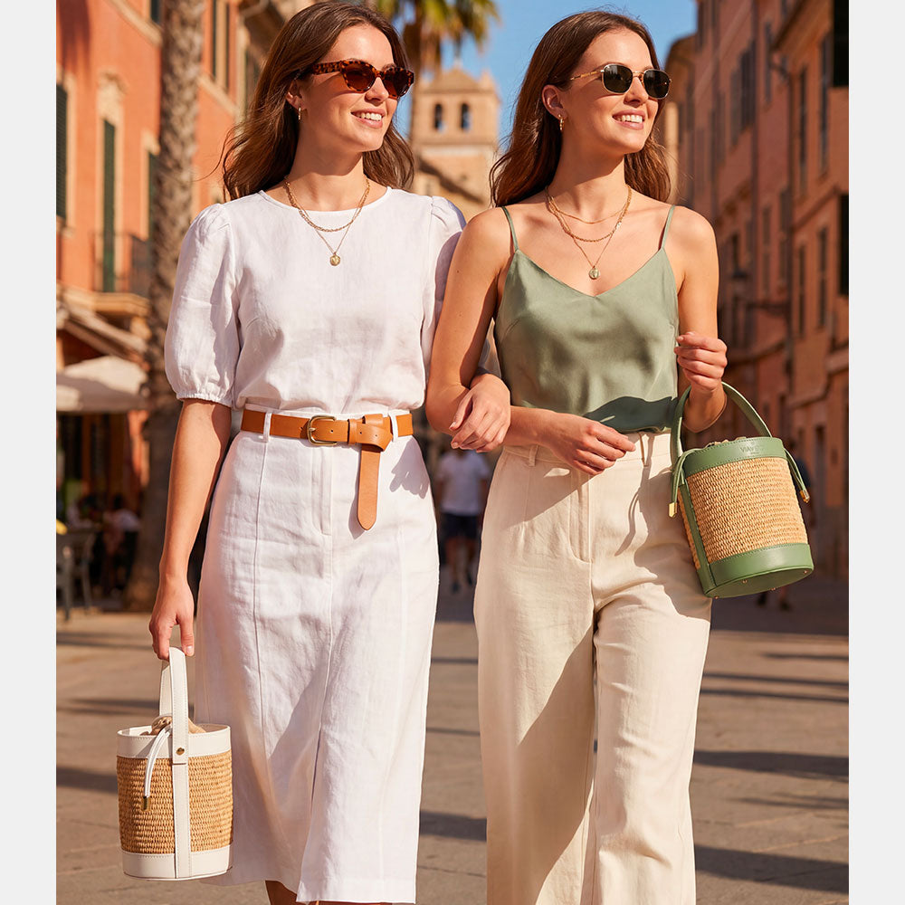 Borsa Secchiello a Mano VIAVERDI in Rafia e Pelle Verde Made in Italy linea Pienza