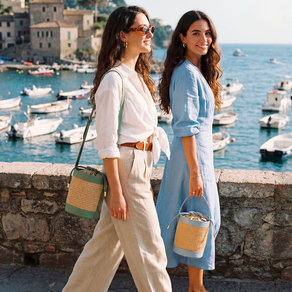 Borsa Secchiello a Mano VIAVERDI in Rafia e Pelle Verde Made in Italy linea Pienza