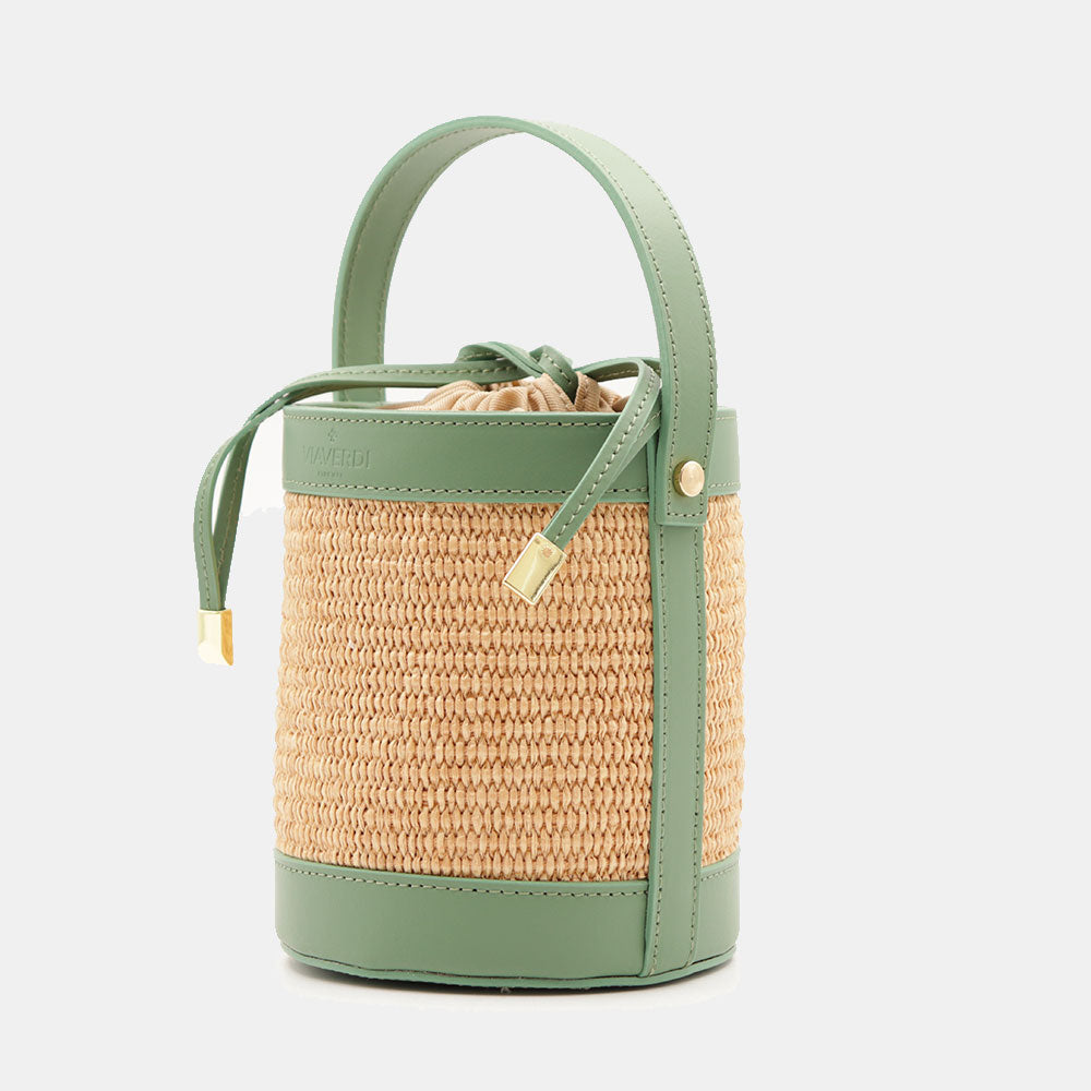 Borsa Secchiello a Mano VIAVERDI in Rafia e Pelle Verde Made in Italy linea Pienza