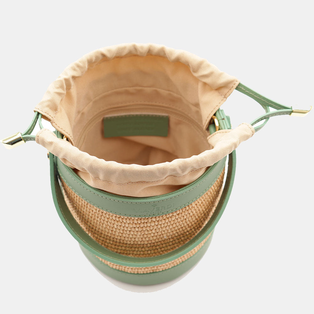 Borsa Secchiello a Mano VIAVERDI in Rafia e Pelle Verde Made in Italy linea Pienza