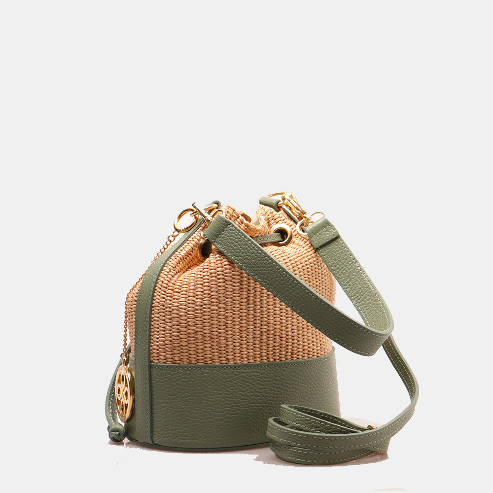Borsa Donna a Secchiello VIAVERDI in Pelle Verde Menta e Rafia Made in Italy