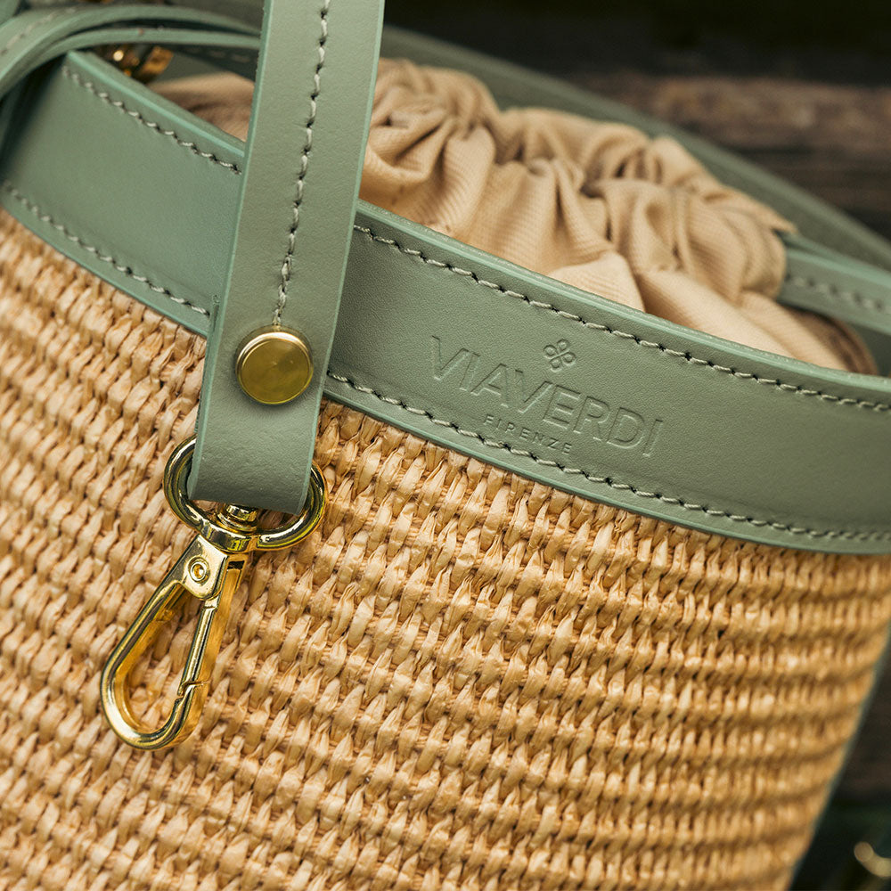 VIAVERDI Bucket Bag with Hand Carry in Raffia and green Leather Made in Italy – Pienza Collection