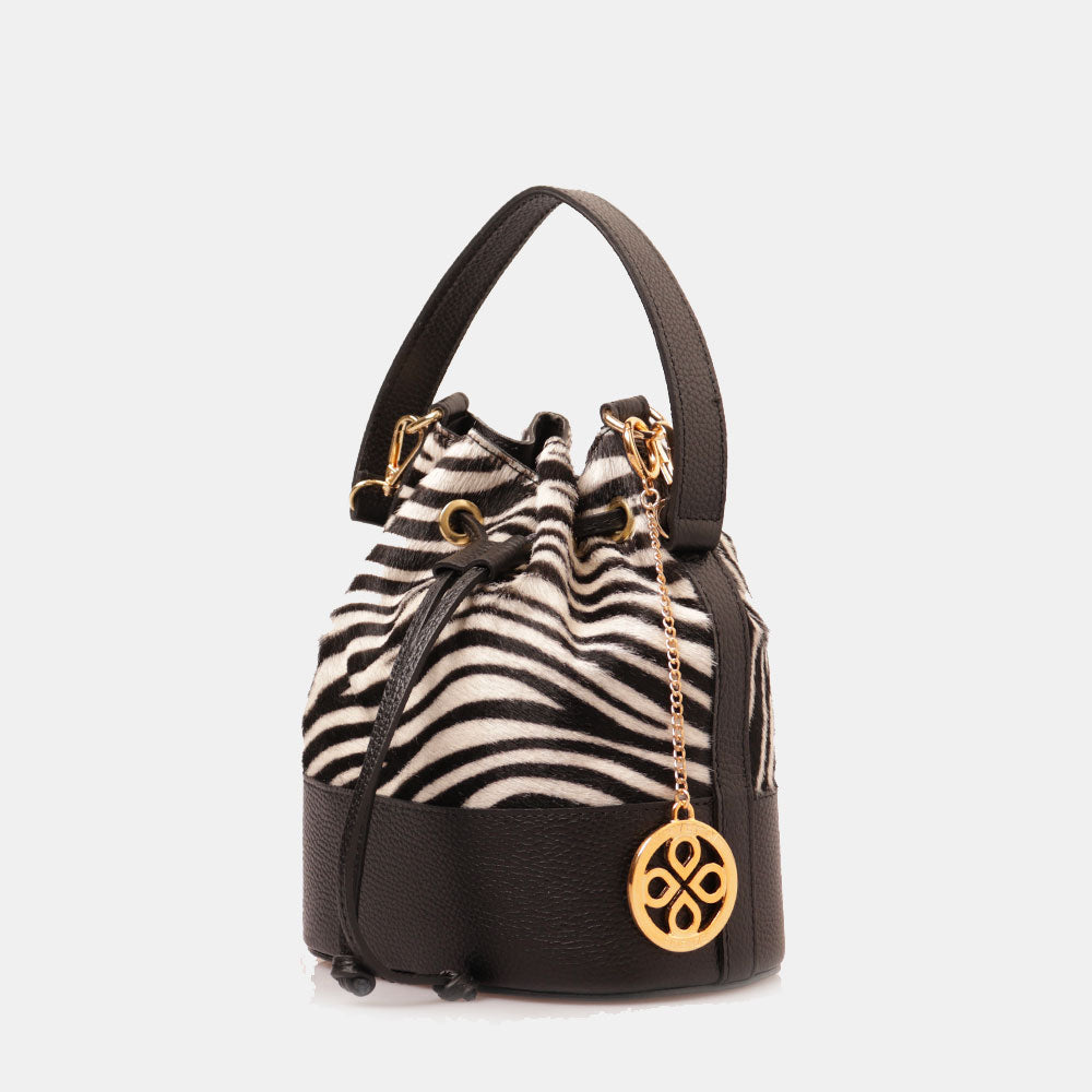 Borsa Donna a Secchiello VIAVERDI in Pelle e Cavallino Zebrato Bianco e Nero Made in Italy linea Cortona