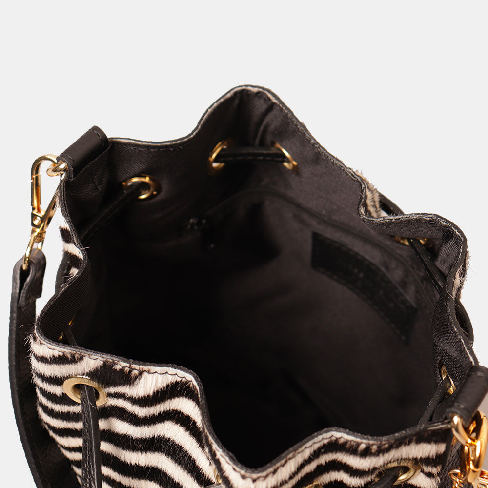 Borsa Donna a Secchiello VIAVERDI in Pelle e Cavallino Zebrato Bianco e Nero Made in Italy linea Cortona