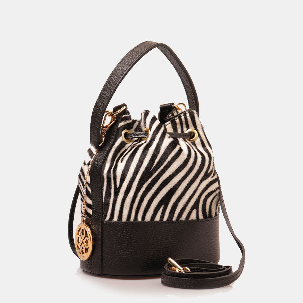 Borsa Donna a Secchiello VIAVERDI in Pelle e Cavallino Zebrato Bianco e Nero Made in Italy linea Cortona