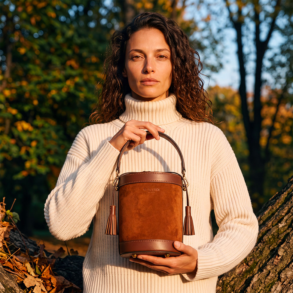 Borsa Secchiello a Mano VIAVERDI in Camoscio e Pelle Testa di Moro Made in Italy linea Pienza