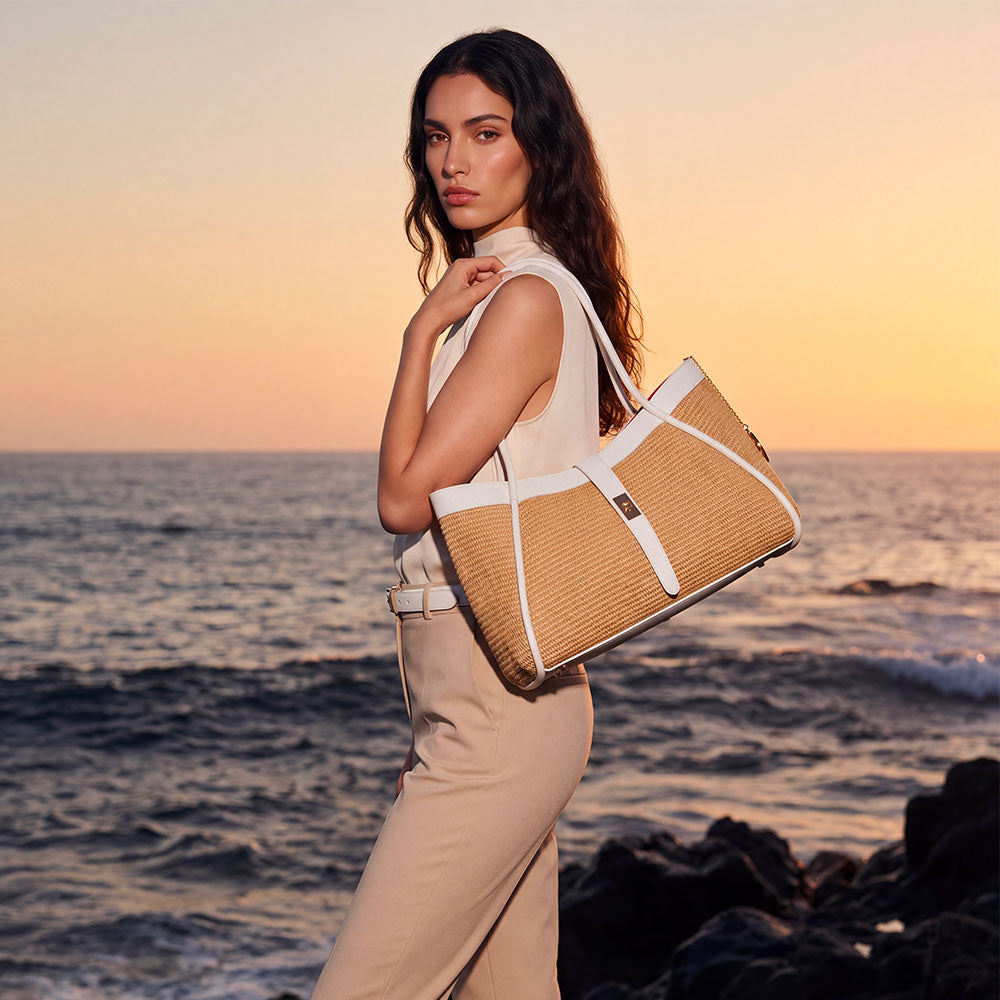 Borsa Donna a Spalla VIAVERDI in Rafia e Pelle Verde Menta Made in Italy linea Cortona