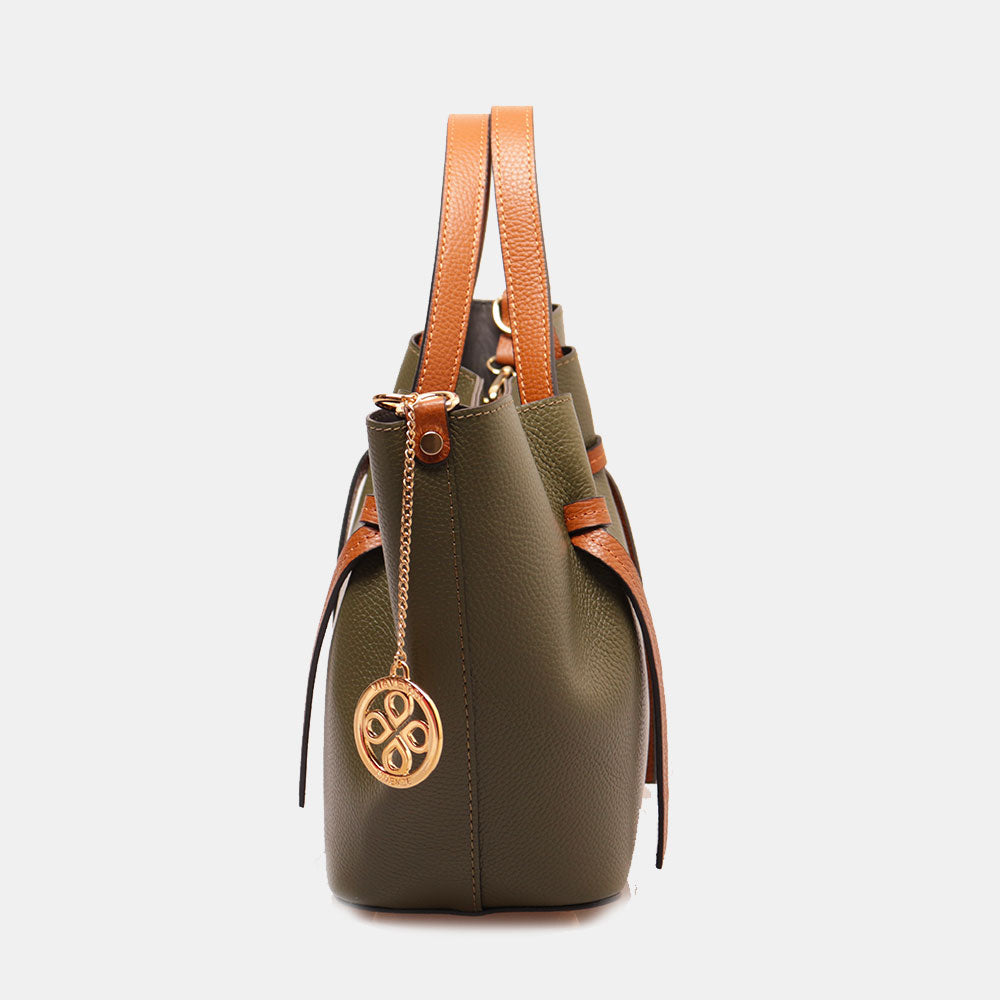 Borsa a Mano con Tracolla VIAVERDI in Pelle Verde e Marrone Made in Italy linea Castiglione