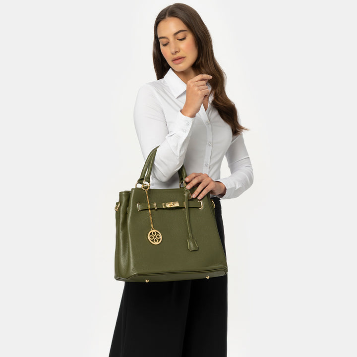 Borsa a Mano con Tracolla VIAVERDI in Pelle color Cuoio Made in Italy linea Volterra