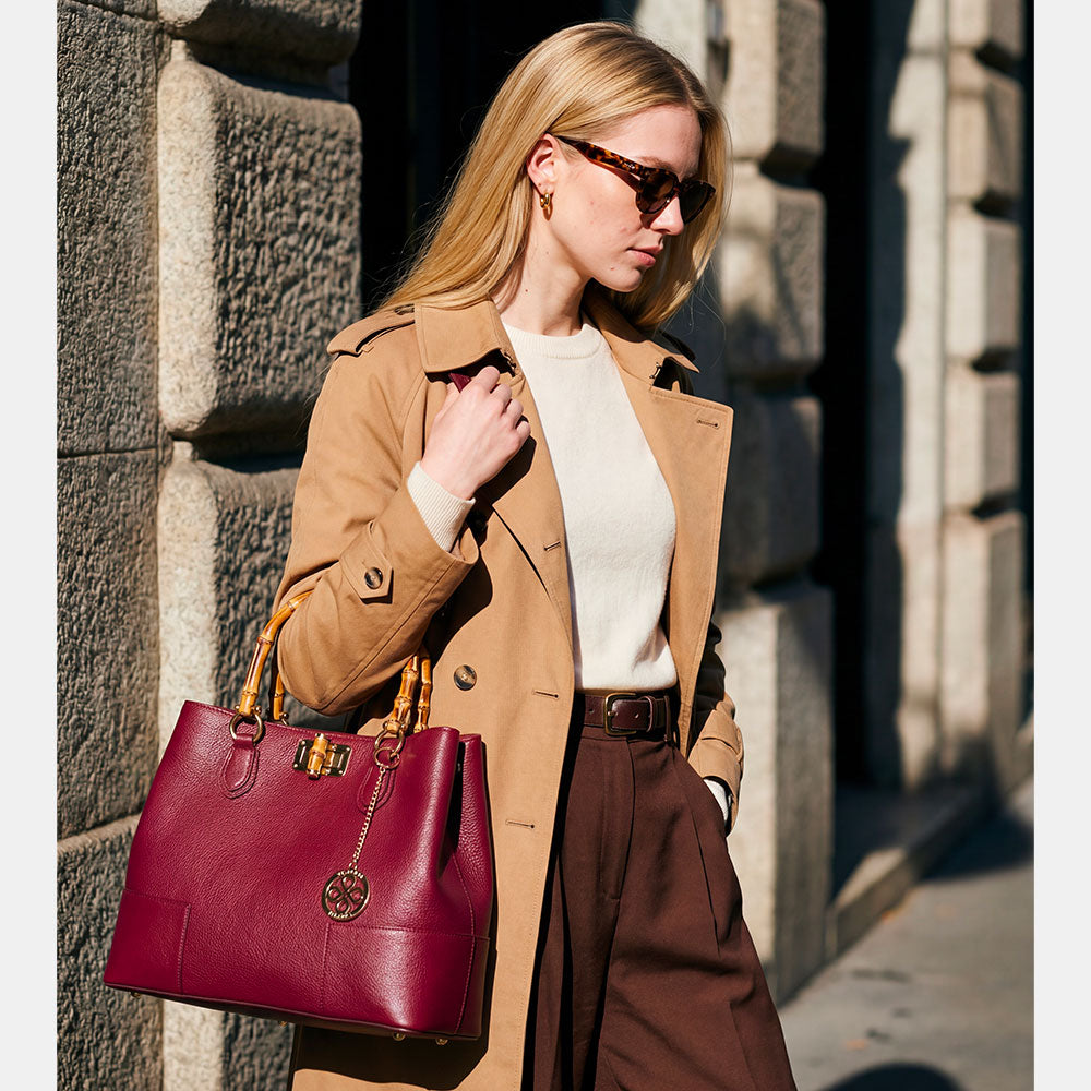 Große VIAVERDI Bordeaux-Ledertasche, hergestellt in Italien, Volterra-Linie