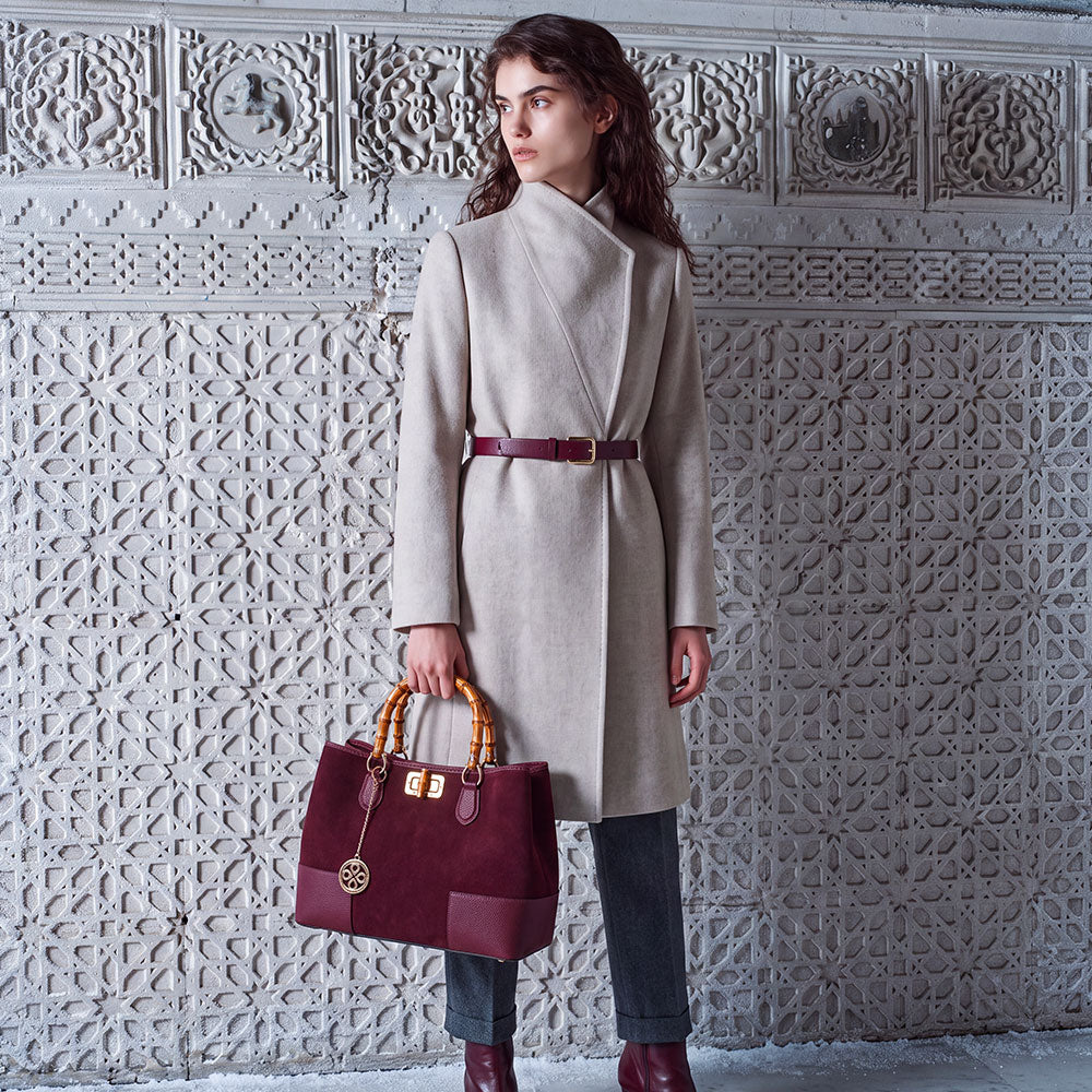 Bolso de mano grande de ante y piel burdeos ViaVerdi, Made in Italy – línea Volterra