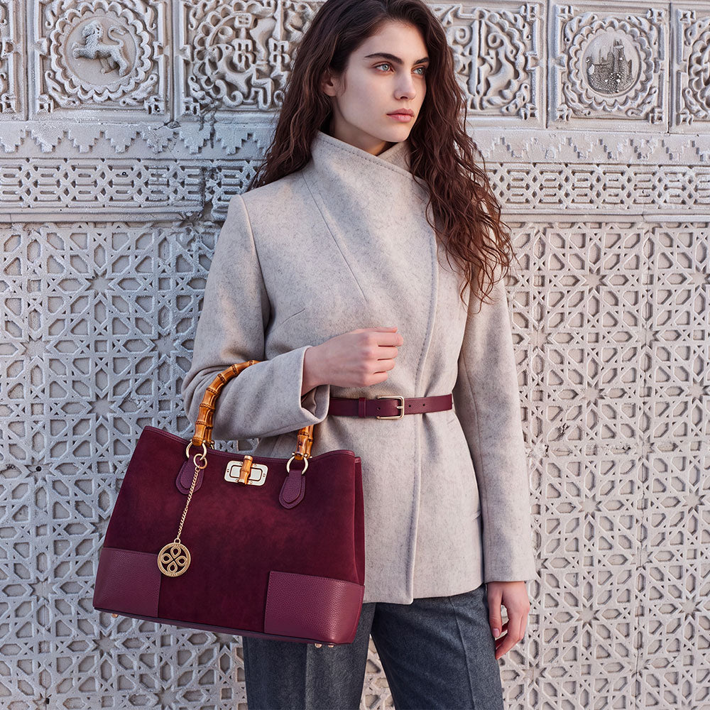 Handbag ViaVerdi large in suede and Burgundy leather Made in Italy – Line Volterra
