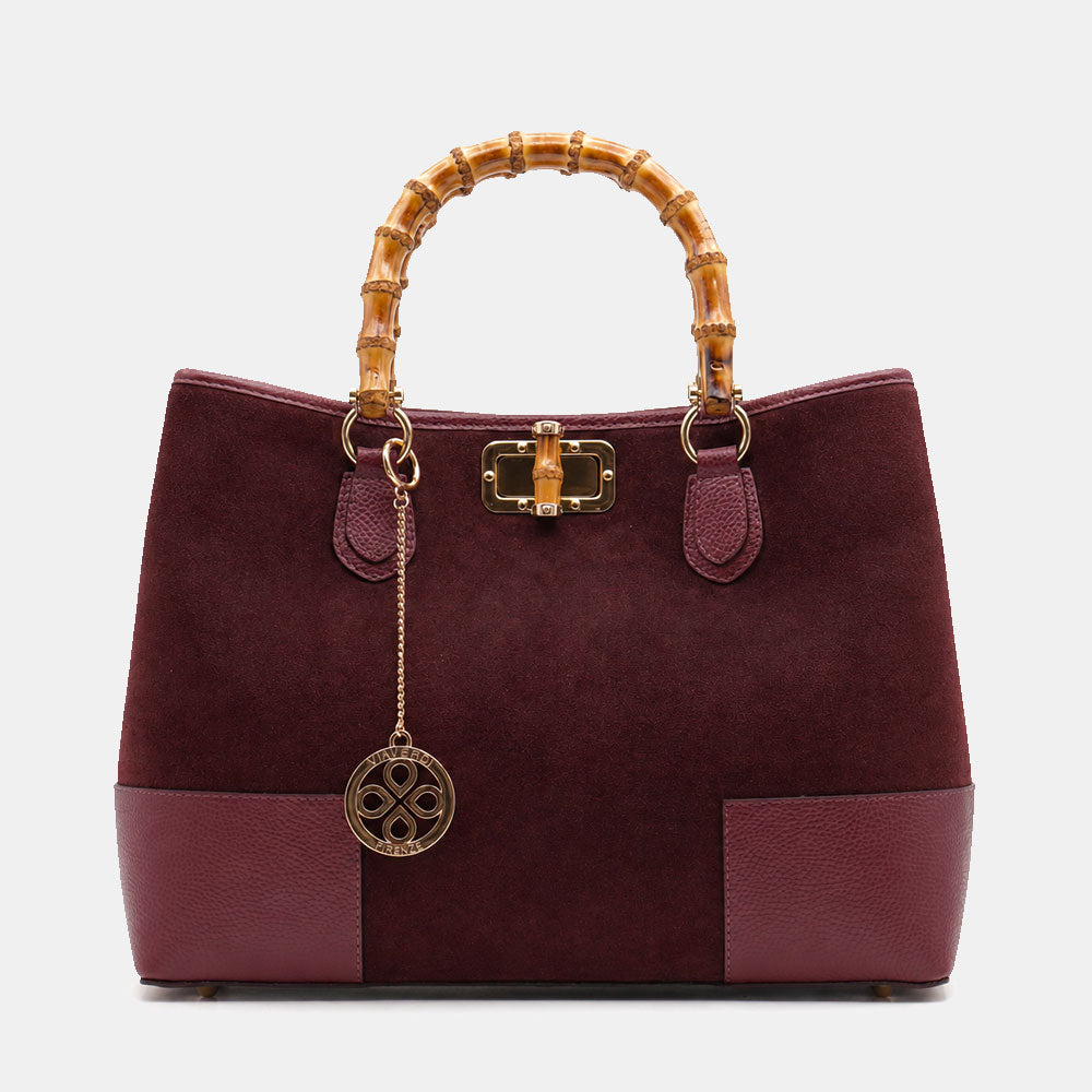 Borsa Grande a Mano VIAVERDI in Camoscio e Pelle Bordeaux Made in Italy linea Volterra