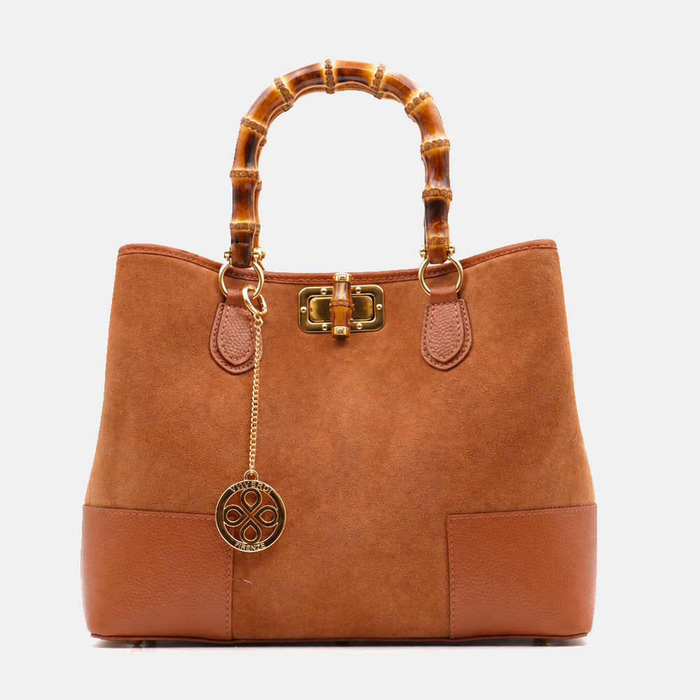 Borsa Grande a Mano VIAVERDI in Camoscio e Pelle color Cuoio Made in Italy linea Volterra
