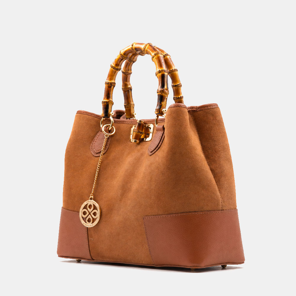Borsa Grande a Mano VIAVERDI in Camoscio e Pelle color Cuoio Made in Italy linea Volterra