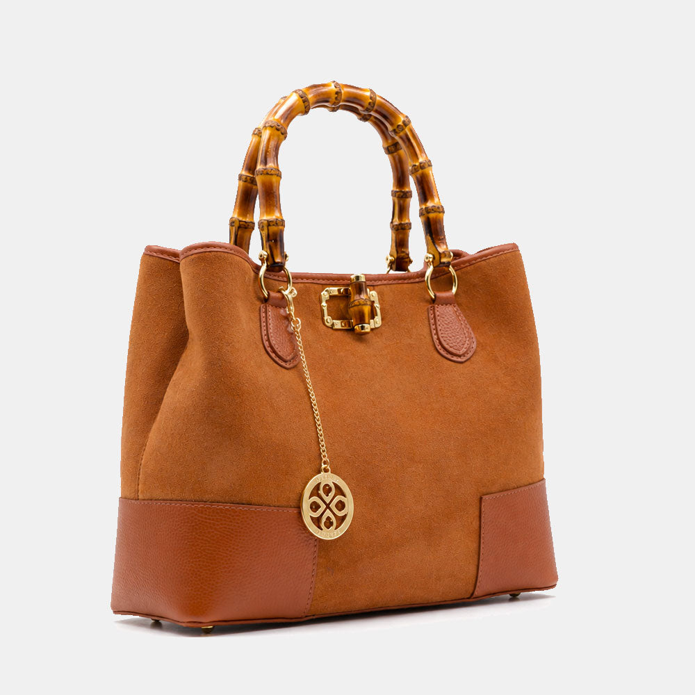 Borsa Grande a Mano VIAVERDI in Camoscio e Pelle color Cuoio Made in Italy linea Volterra