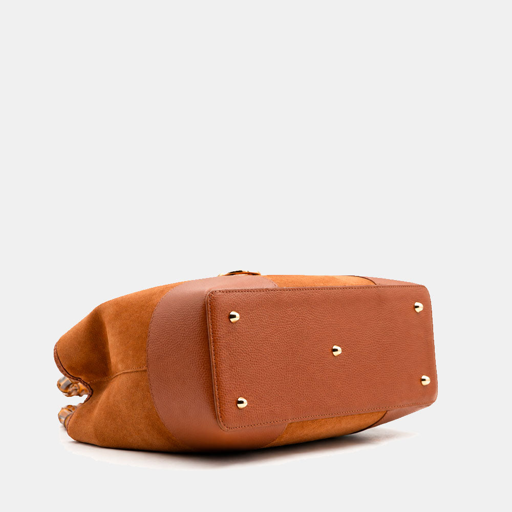 Borsa Grande a Mano VIAVERDI in Camoscio e Pelle color Cuoio Made in Italy linea Volterra